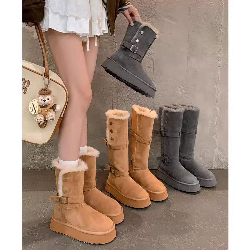 Real fur integrated thick-soled snow boots women's new winter velvet thickened warm medium and high tube long cotton shoes