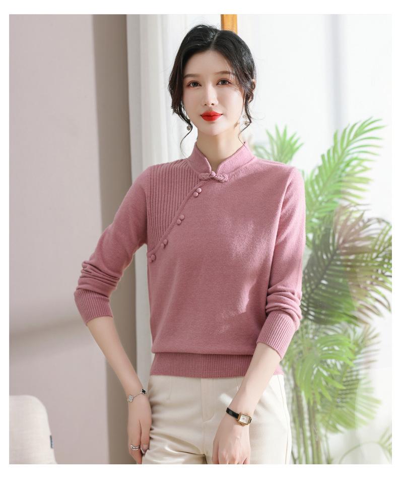 Women's Retro Qipao Collar Knit Sweater - Plus Size, Loose Fit, Solid Color for Middle-Aged & Elderly (2023 Autumn/Winter)