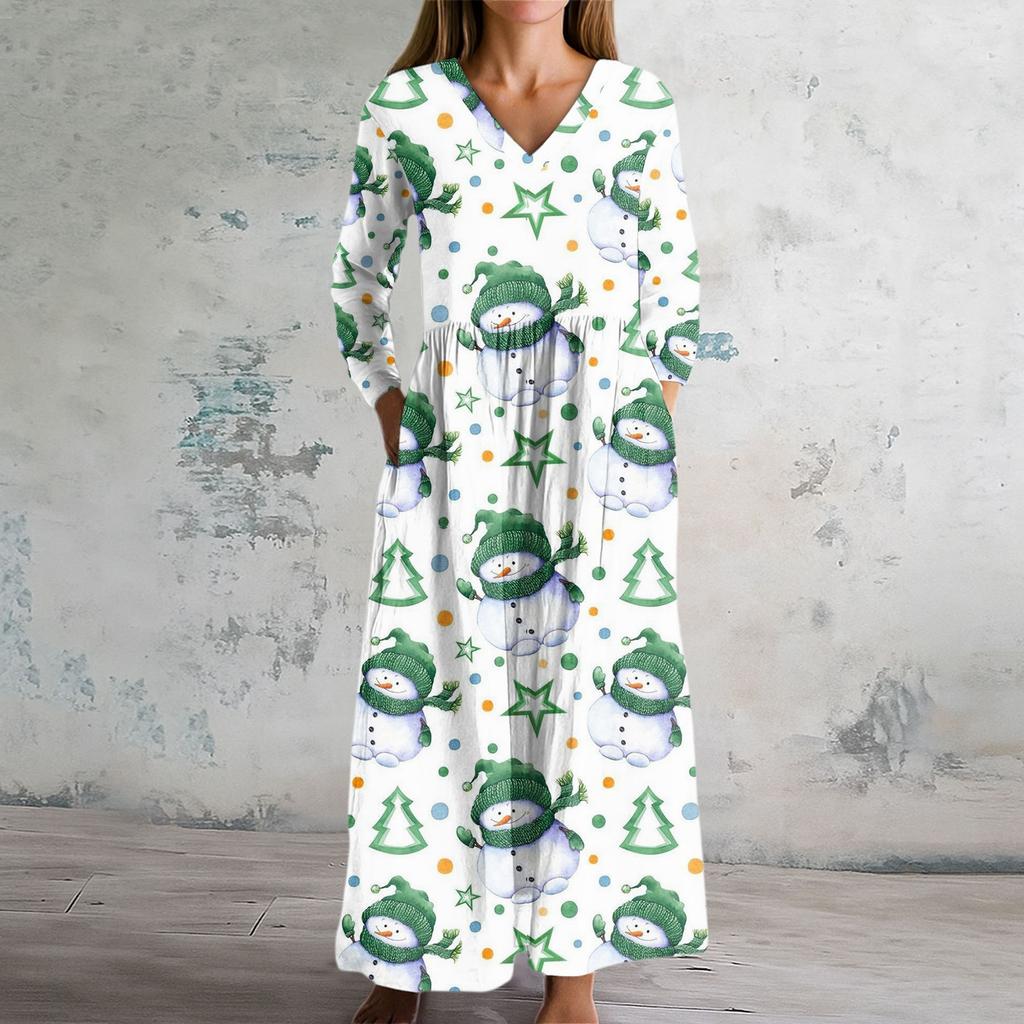 Damska Sukienka Modowa Wiosenna Sukienka z Dekoltem V i Długim Rękawem