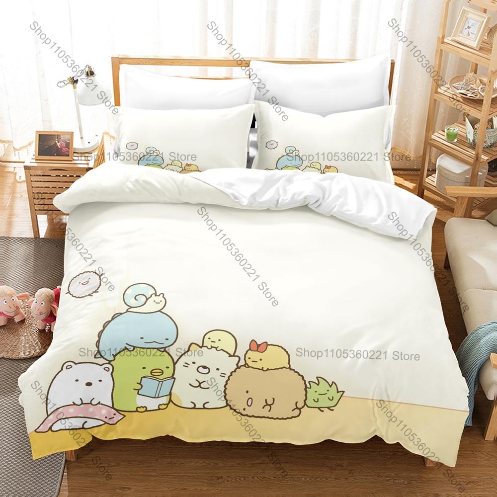 Sumikkogurashi Printed Bedding Set, Duvet Cover plus 2 Pillowcases, Adorable Cartoon Style Soft Microfiber Textiles
