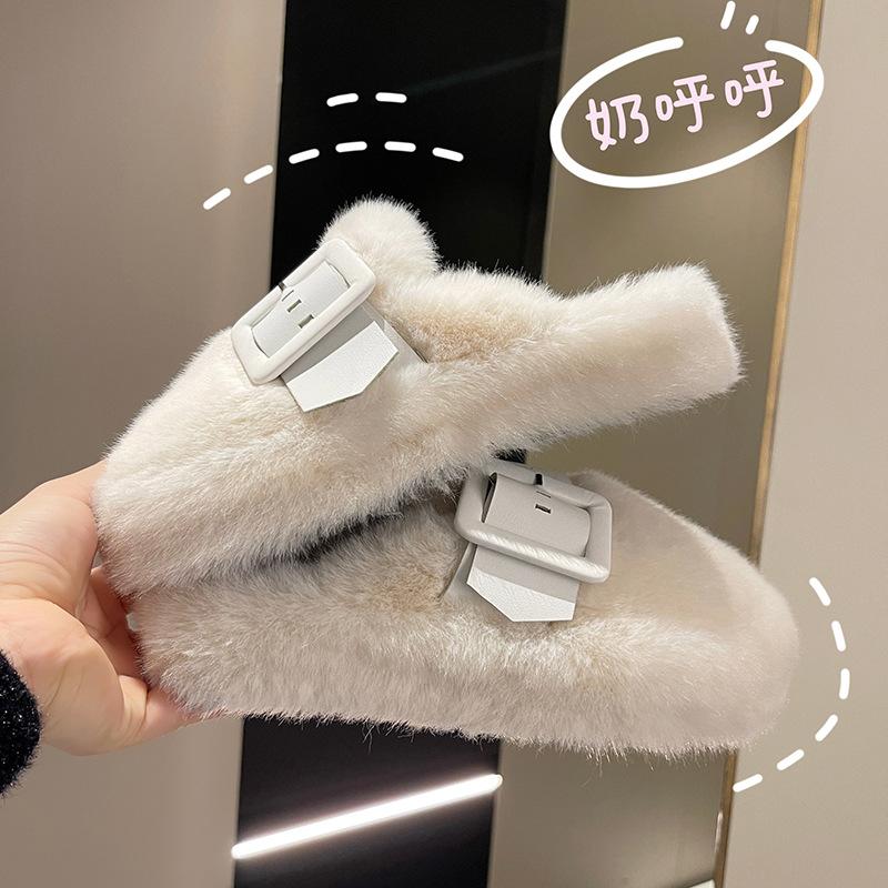 Thick-soled Fluffy Slippers Women's Slippers Outer Wear 2025 New Autumn and Winter Super Fire Bag Head Half Slippers Cotton Slippers