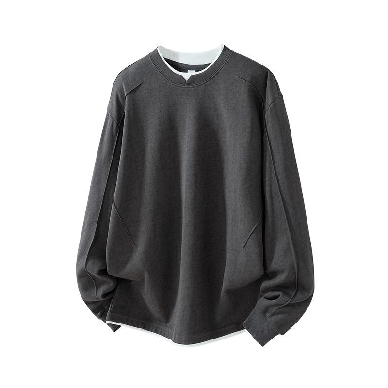 Men's Black Gray Hoodie - Trendy Washed Fabric, Fake Two-Piece Design, 260g