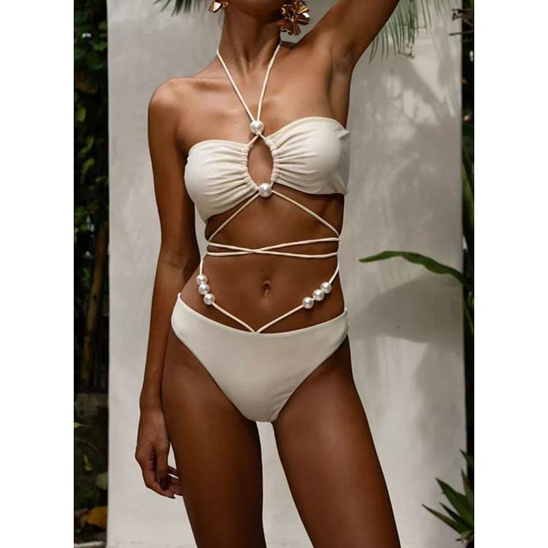 Solid Color Halter Swimwear Thongs Micro Two Piece Bikini Set Swimsuit Bathing Suit Women Sexy Cut Out Beachwear