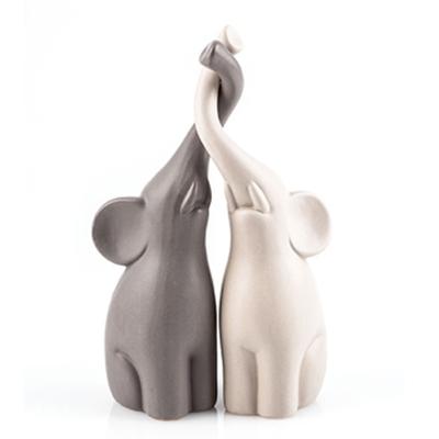 [A3301] - Ceramic Figurine 'Couple Elephants' Gray Beige - 25 Cm