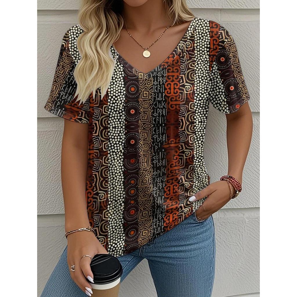 Summer V-neck Vintage 3D Printed Top Fashionable Casual Short Sleeved Women's T-shirts