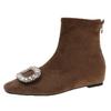 French small short boots women's 2025 autumn and winter new square buckle rhinestone elastic boots low thick heel square head fleece thin boots