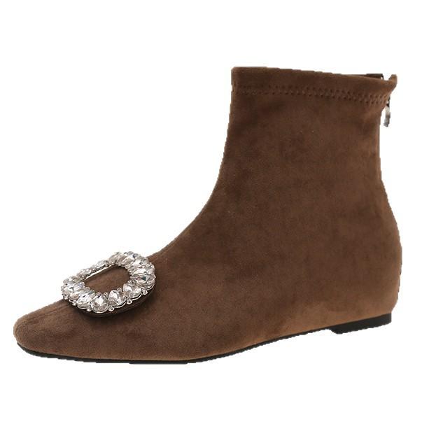 Francia kis rövid csizma női 2025 ősz és tél új négyzetes csat strasszkő elasztikus csizma alacsony vastag sarok négyzetes orr gyapjú vékony csizma