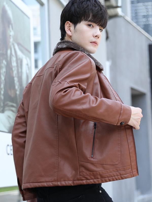 Men's Thick Leather Jacket with Fleece Lining - Lambswool, PU Leather, Lapel Collar, Warm Casual Coat for Spring & Autumn.