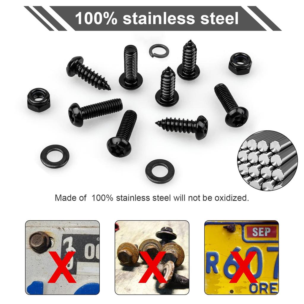 License Plate Screws Kits, Black Anti Theft Mounting Hardware For Car Tag Plate Frames Covers, M6 (1/4") Tamper Proof Screws, Fastener Nut, Caps
