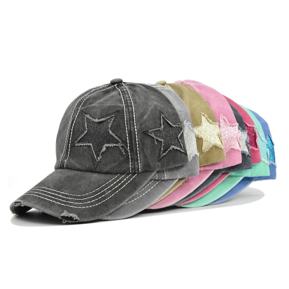 Baseball Cap Summer Star Women's Ponytail Fashion Wash Cotton Hat Snapback Female Casual Retro Visor Caps For Women Adjustable