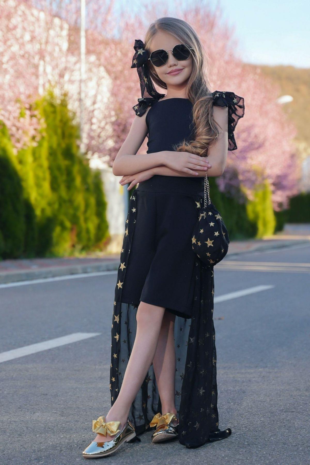 

Тюлевый комбинезон с вырезом-лодочкой и звездным узором для девочек с шортами