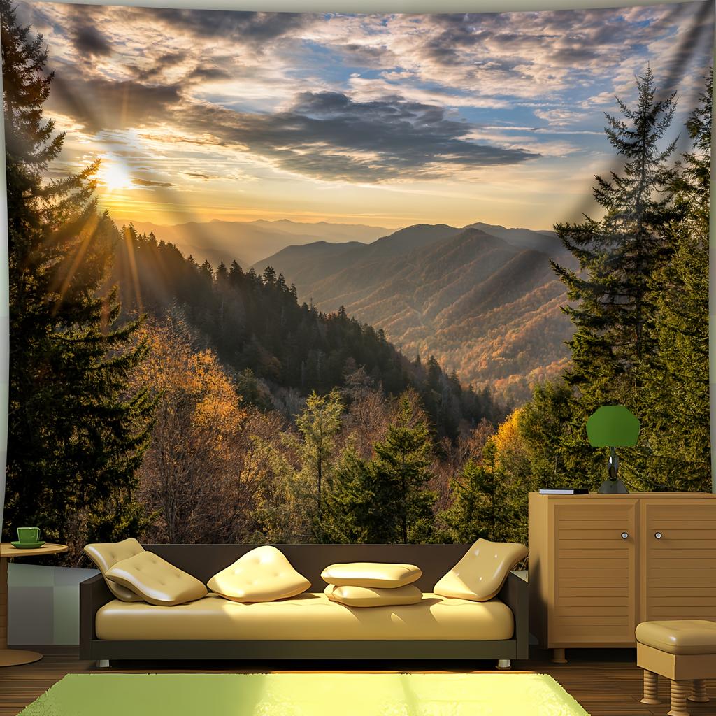 VIKAMA Mountain Sunrise Landscape Tapestry Golden Glow Forest Natural Scenery Living Room Sofa Backdrop Wall Decor Room Decor