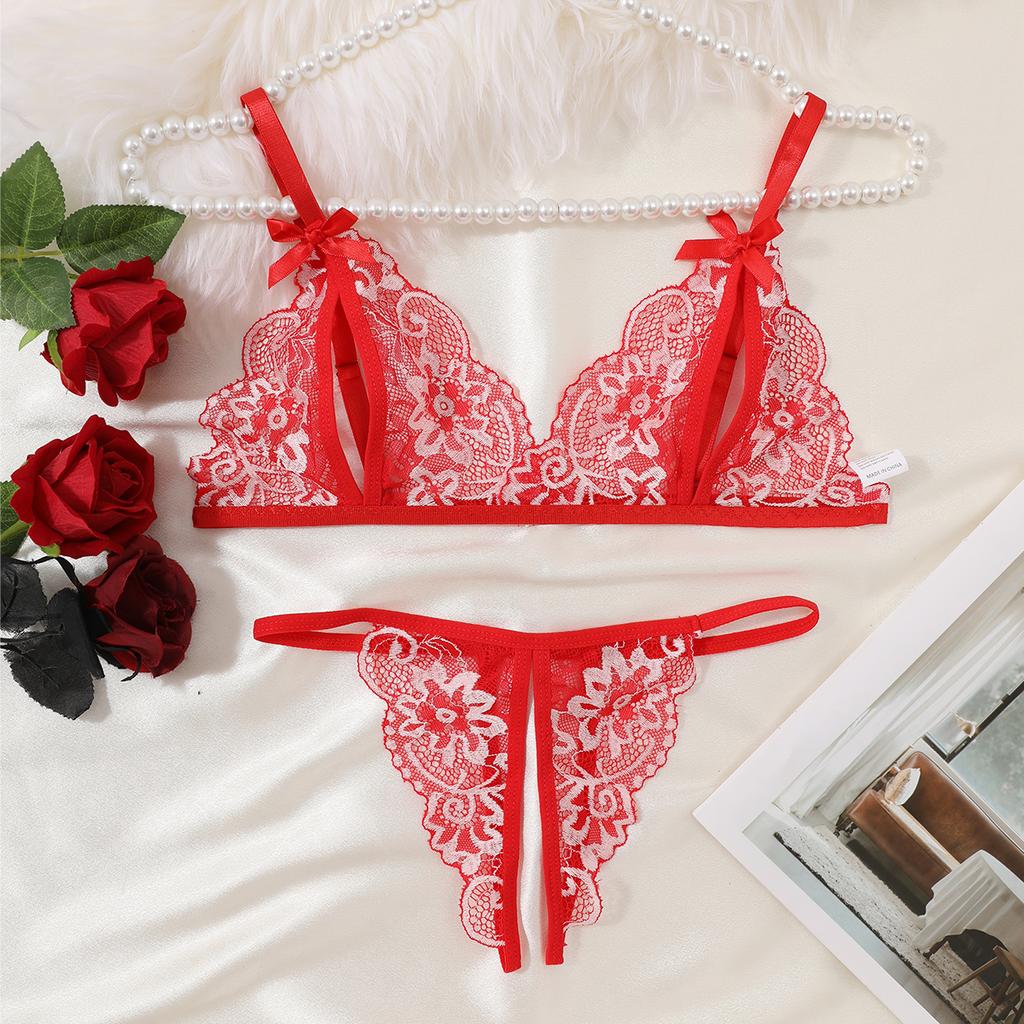 New Women Sexy Lingerie Red Bra Panties Set Cute Bow Ultrathin Lace Underwear Set Temptation Erotic  Outfits For Pretty Girls