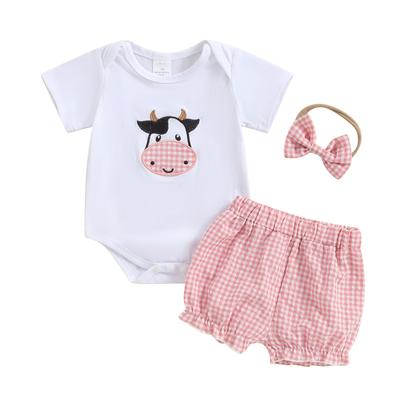 Baby 3Pcs Spring Outfits Short Sleeve Romper + Plaid Shorts + Headband Set Infant Clothes