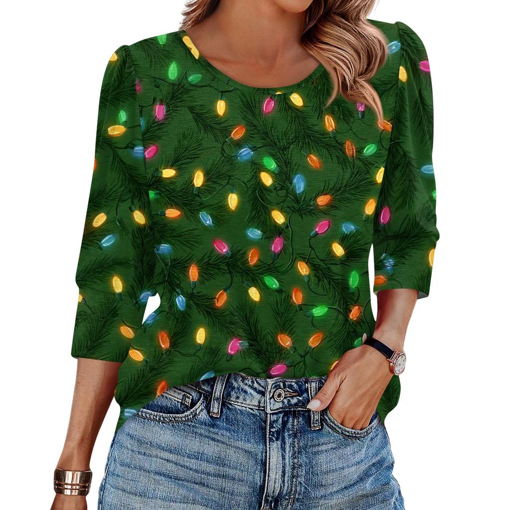 Women's Fashion Casual 3/4 Christmas Print Color Shirt Women's Round Neck Tops
