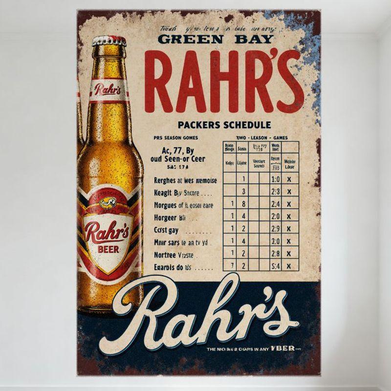 

Vintage Rahr s Beer & Green Bay Packers Schedule Metal Tin Sign, Retro Distressed Sports Memorabilia for Man Cave Bar Home Decor 20x30cm（7.8x11.8inch）