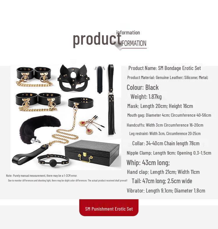 Genuine Leather SM Kit: 10-Piece Set with Paddle, Collar, Leash, Handcuffs, Tail Butt Plug, and More.