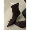 First encounter season French-style vintage pointed head thin heel satin bow short boots women's autumn and winter thin elasticity