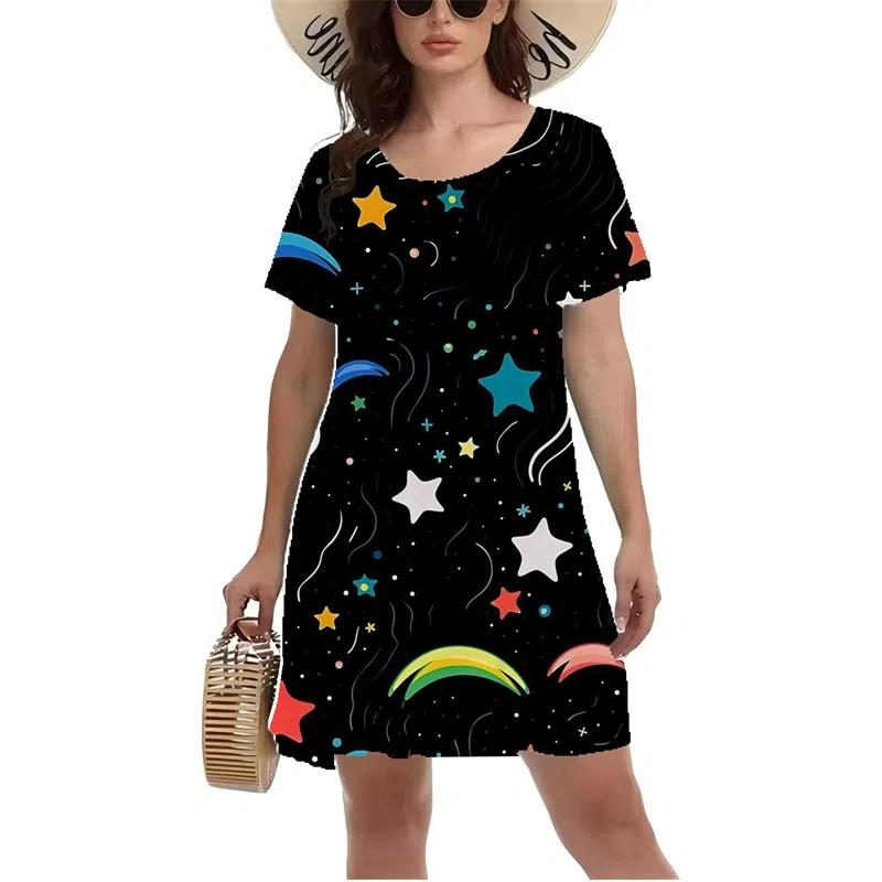 3D Blue Starry Sky Planet Meteor Pattern Print Dress Women Summer Short Sleeve Round Neck Casual A-Line Dress Vestidos De Mujer