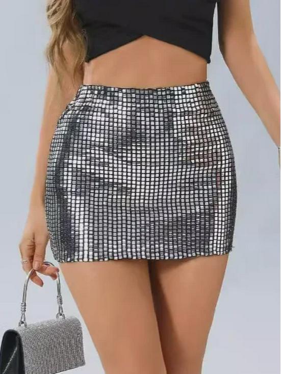 

2024 Европейская и американская женская сексуальная квадратная короткая юбка с пайетками XXL серебряный