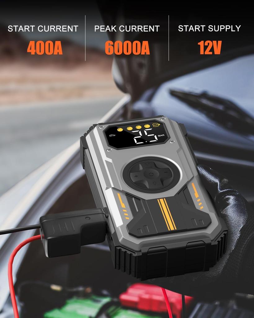 Portable Car Jump Starter 6000A with Air Compressor, LCD Display, LED Flashlight, -20℃ to 70℃