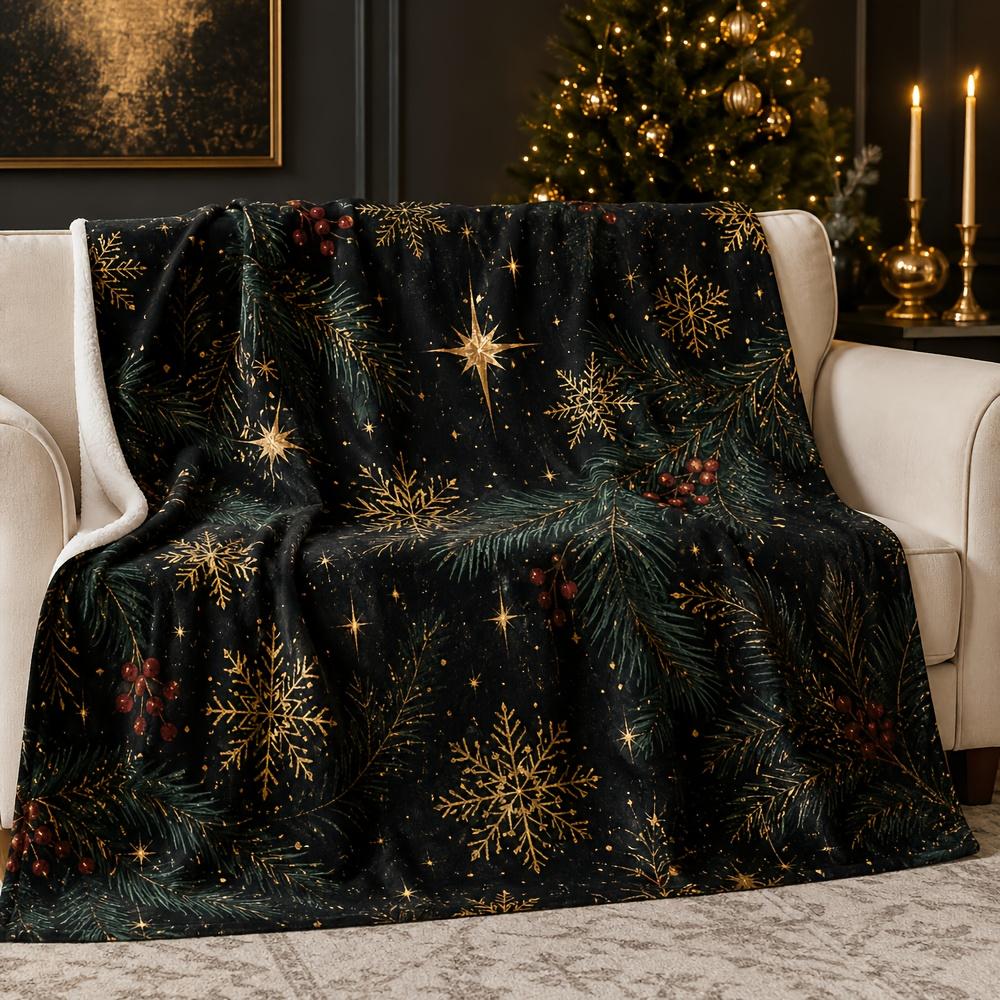 Blanket: Black and Golden Christmas Starry Night Blanket with Charcoal Black Base, Champagne Golden Starbursts, Muted Golden Snowflakes, Dark Green Pi