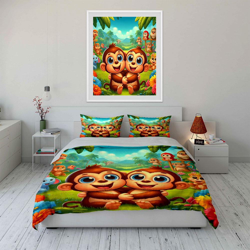 Smiling monkeys with greenery. Bedding sets Duvet cover sets Duvet covers Pillowcases(1 * Duvet Cover 2 * Pillowcases without duvet insert)