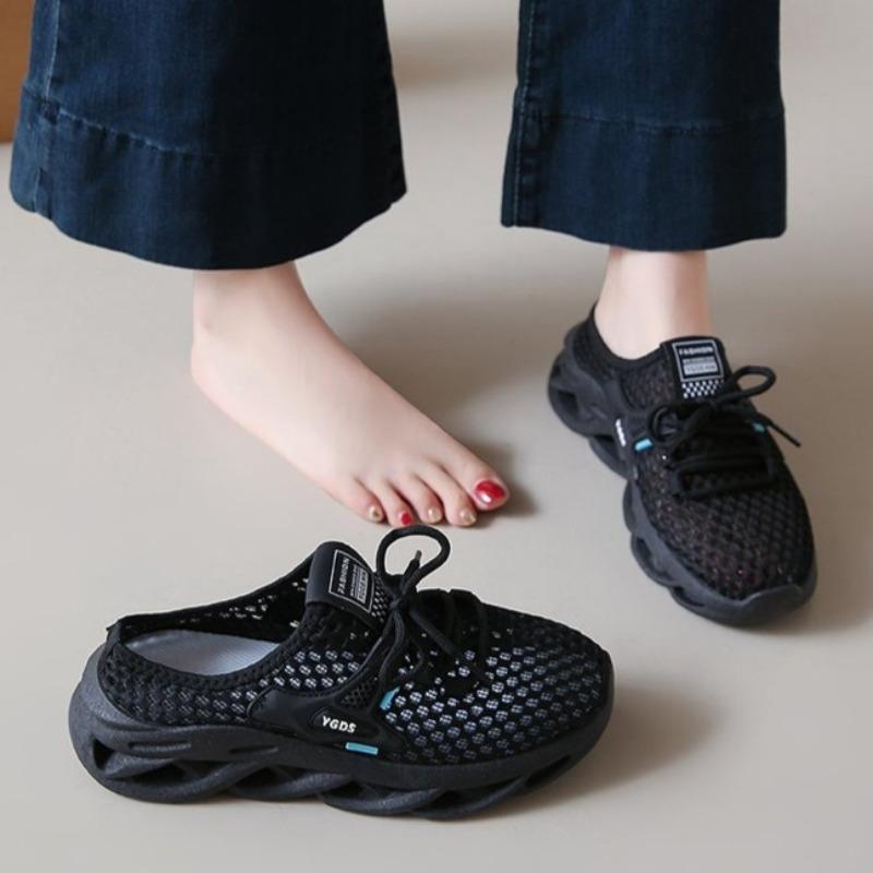 Fashion New Autumn Round-toed Deep-cut Mesh Slippers with Breathable Soft Sole and Non-slip Flat Bottom