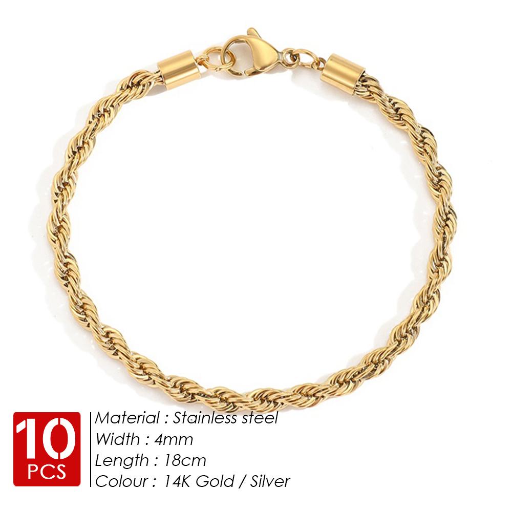 EMANCO 10PCS Wholesale 2/3/4/5MM Gold Color Twisted Rope Chain Bracelet, Stainless Steel Hip Hop Punk Fashion Jewelry for Women