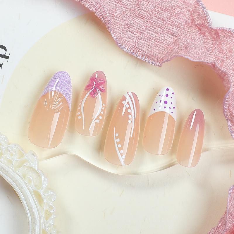 24pcs 3D Almond Wearable Sweet False Nails Stickers - Exquisite Pure Desire Manicure Set