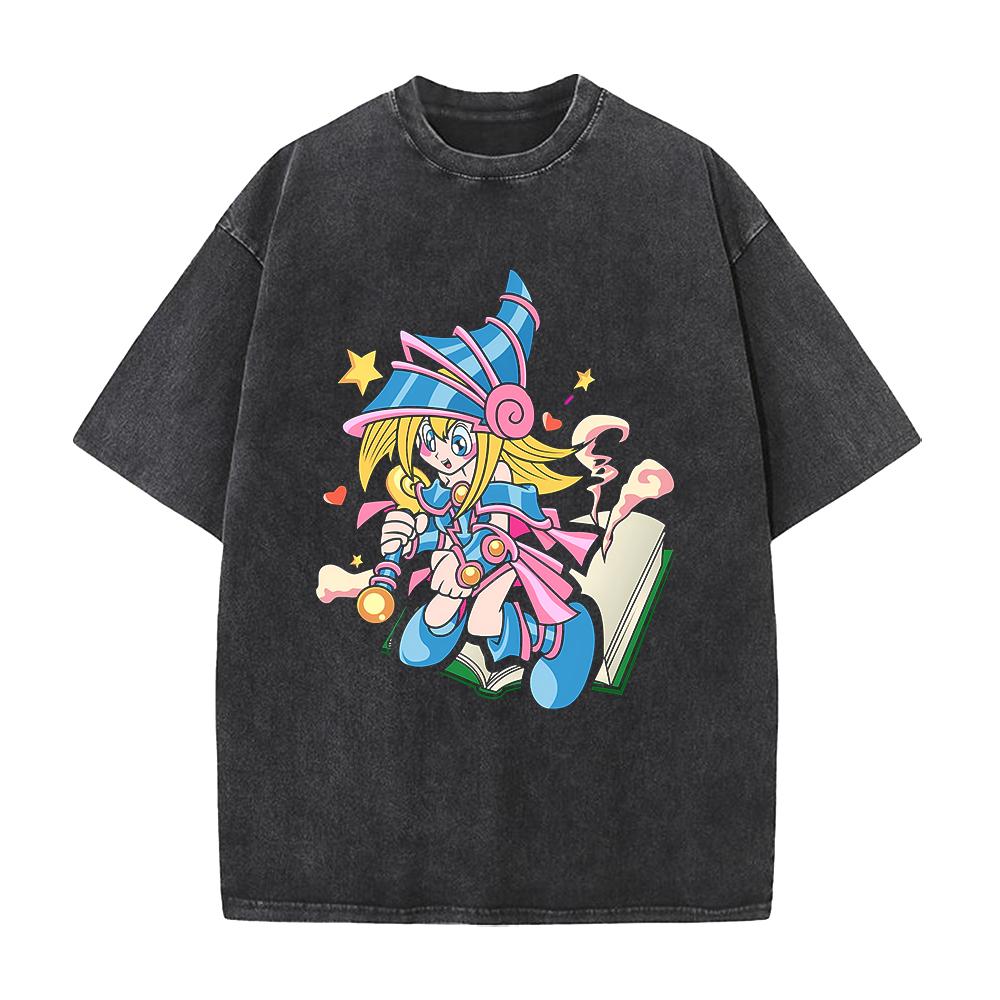 Cute Anime Dark Magician Girl T-shirt Y2k Washed Oversized T Shirt Men's Clothing Summer Short Sleeve Tops