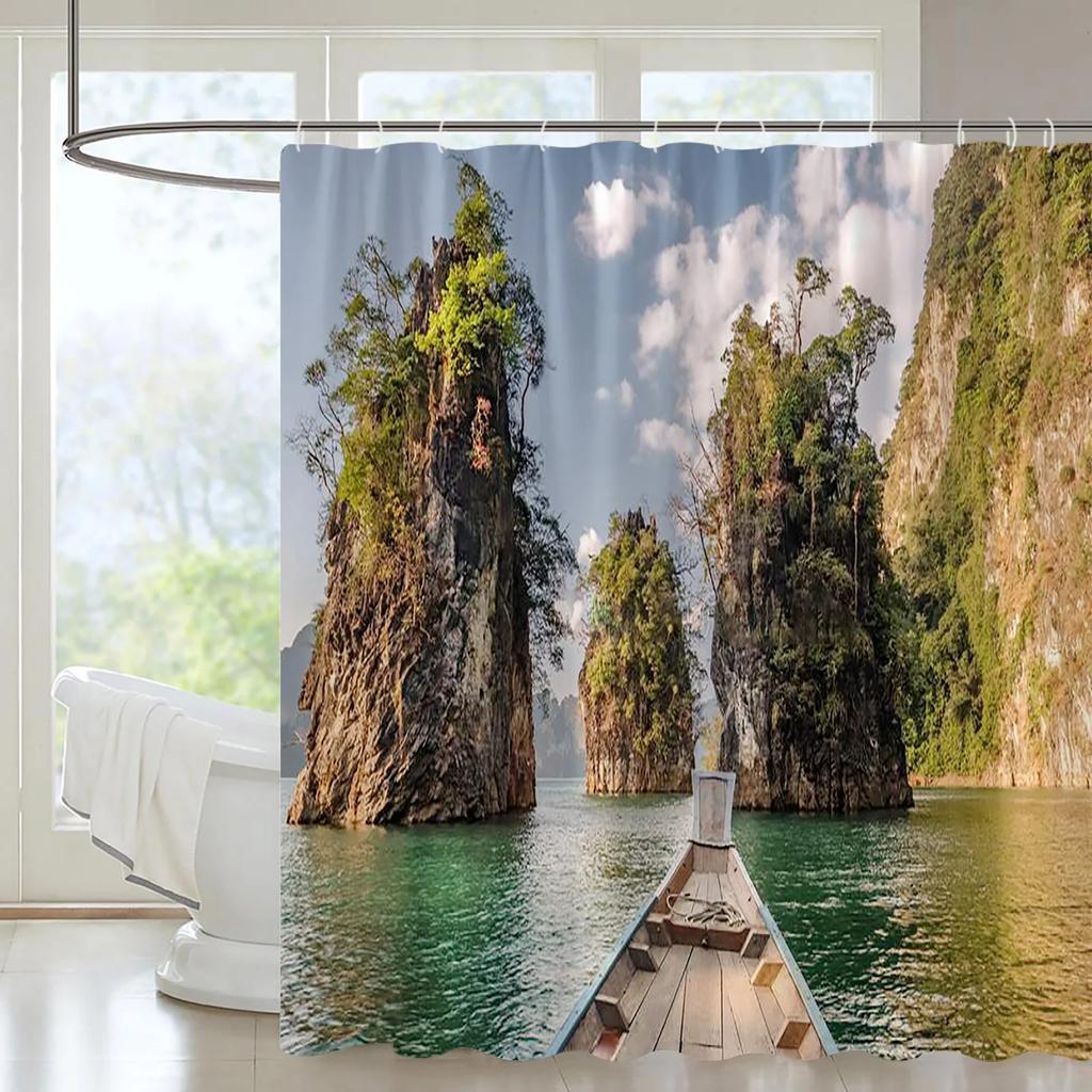 Mountain Forest Streams Natural Landscape Shower Curtain Set Waterfall Scenery View Plant Orchid Printing Bathroom Decor Curtain