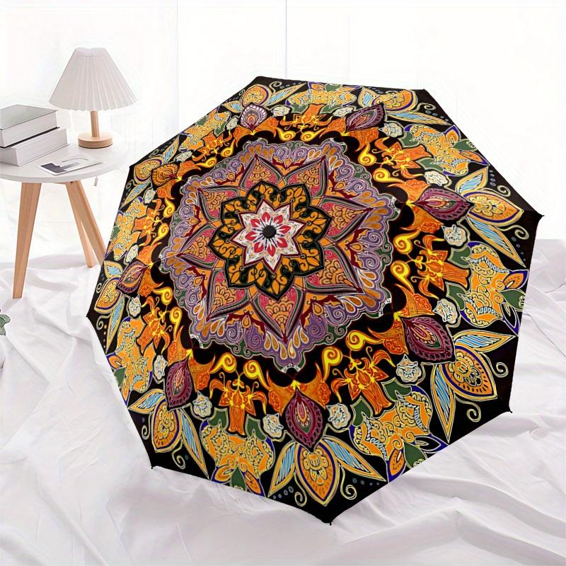 1pc Mandala Pattern Automatic Folding Umbrella - Portable Foldable Design with 8 Ribs, Durable Plastic & Iron Frame, Casual Outdoor Accessor