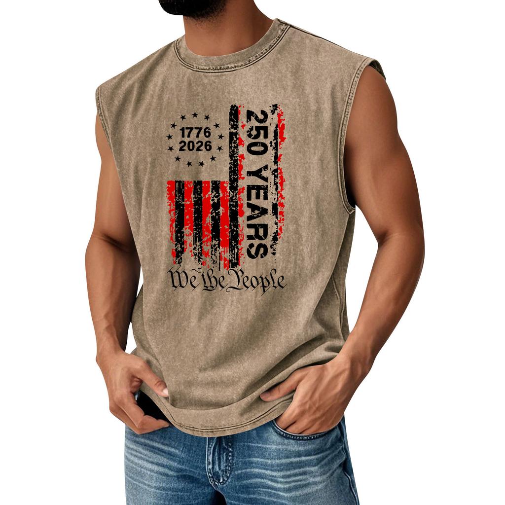 Men's Printed Round Neck Distressed Top Casual Comfort Vest