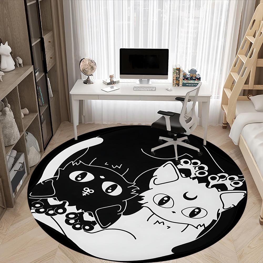 1pc Yin Yang Black White Cats Office Round Area Rug, Indoor Mat Suitable For Office, Under Office Chairs Bedroom Living Room Home Decor, Room Deco