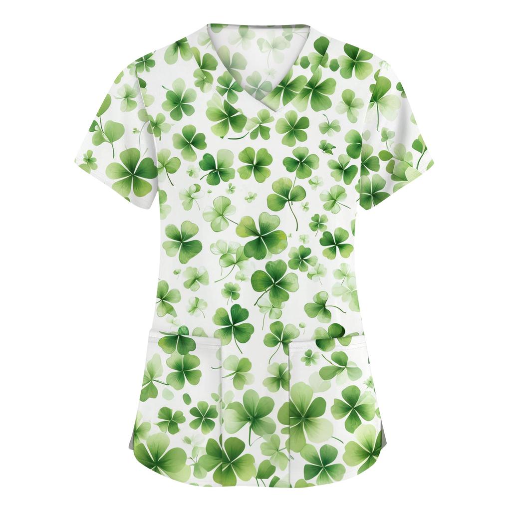 Women's Fashion V-neck Short Sleeve Workwear With Pockets Printed Tops