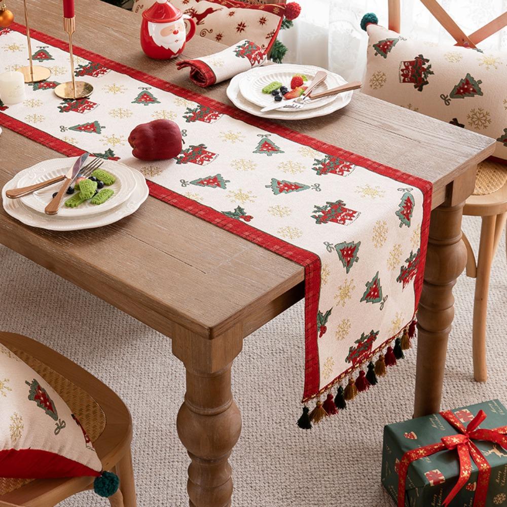 Red Christmas Table Runner Woven Jacquard Xmas Tree Holiday Bed End Flag Dresser Coffee Table Cover