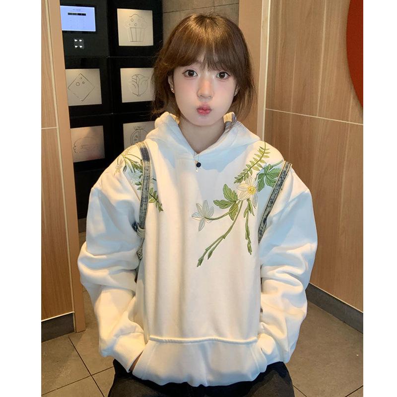 Embroidery retro heavy industry machine embroidery hooded sweater women's casual lazy wind fleece thickened men's hoodie autumn and winter coat