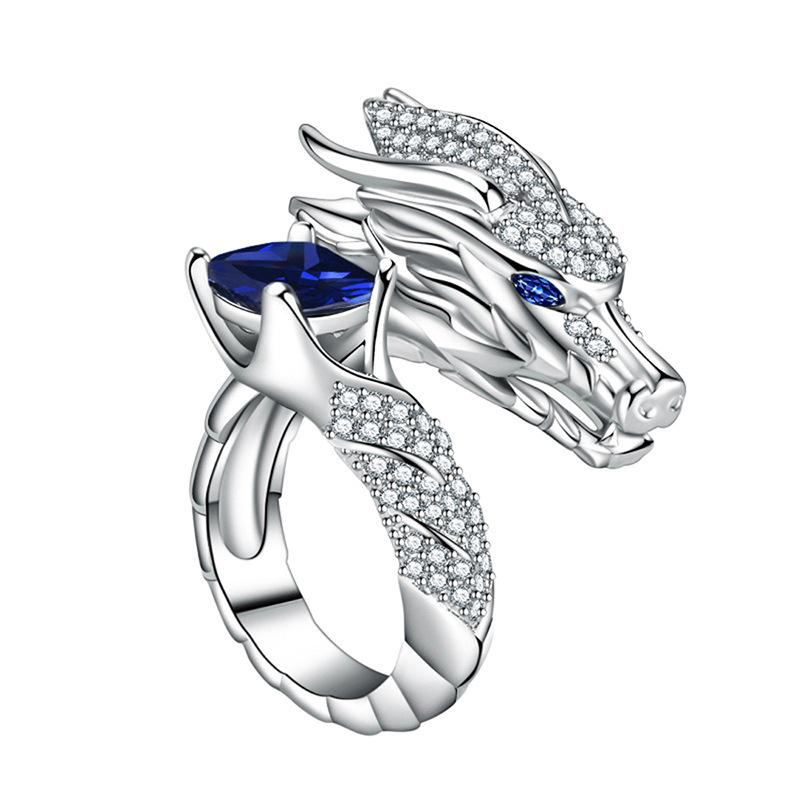 Heavy Industry Open Ring, Oriental Dragon Domineering Ring, Shiny Square Diamond Inlaid Jewelry