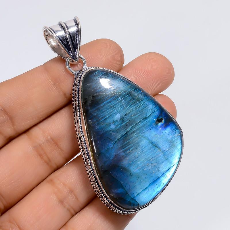 

Dazzling Top Grade Qualite 100% Natural Blue Labradorite Fancy Shape Vintage Style Handmade Jewelry 925 Steling Silver Pendant 2.5 WSJ-4917 2.5