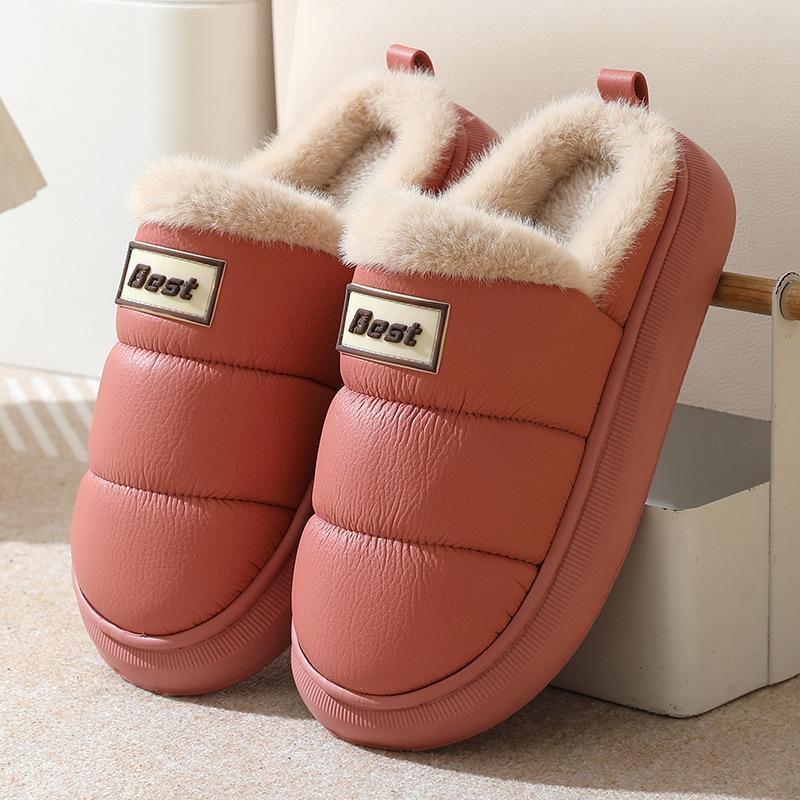 PU leather cotton slippers warm in autumn and winter home EVA thick bottom, non-slip indoor and outdoor wear waterproof velvet cotton mop