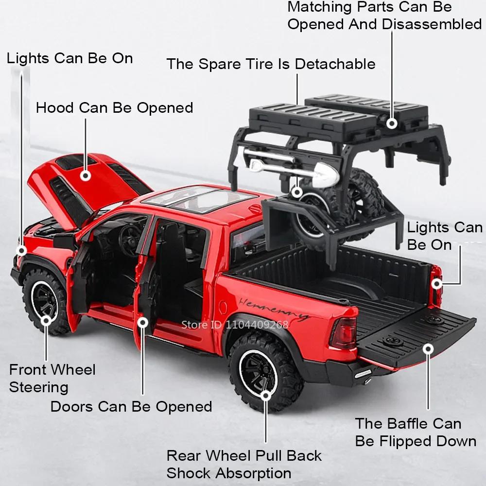 1:32 HILUX RAM MAMMOTH Model Car Toy Alloy Diecast Sound Light Pull Back Shock Absorption Off-road Pickup Vehicle Boys Gifts