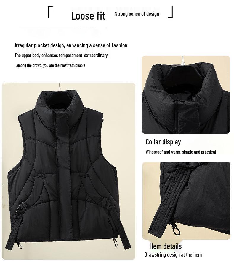 Women's Cotton Vest: European American Style, Autumn/Winter 2025, Sleeveless, Thickened, Warm, Casual Loose Fit, Solid Color Outerwear