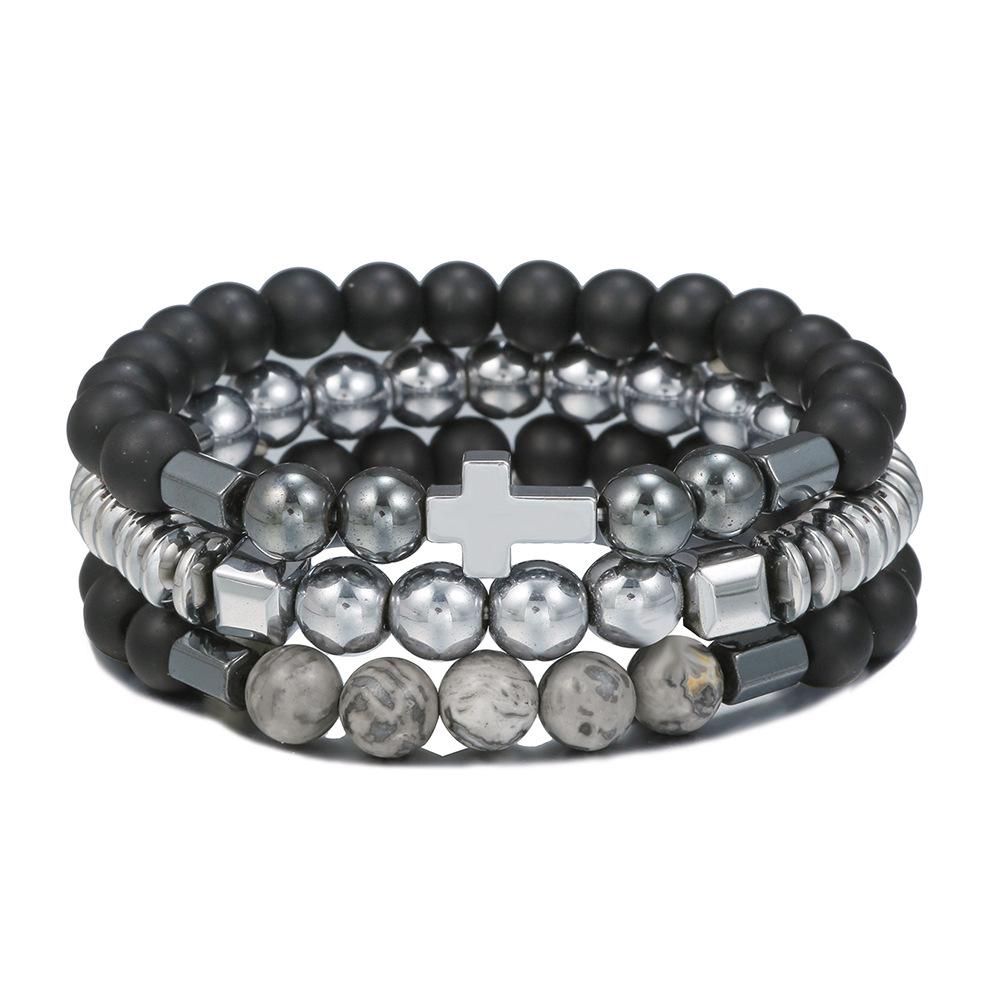 New Men's Beaded Bracelet Set, Map Stone Black Gallstone Cross Bracelet Elastic Bracelet Combination