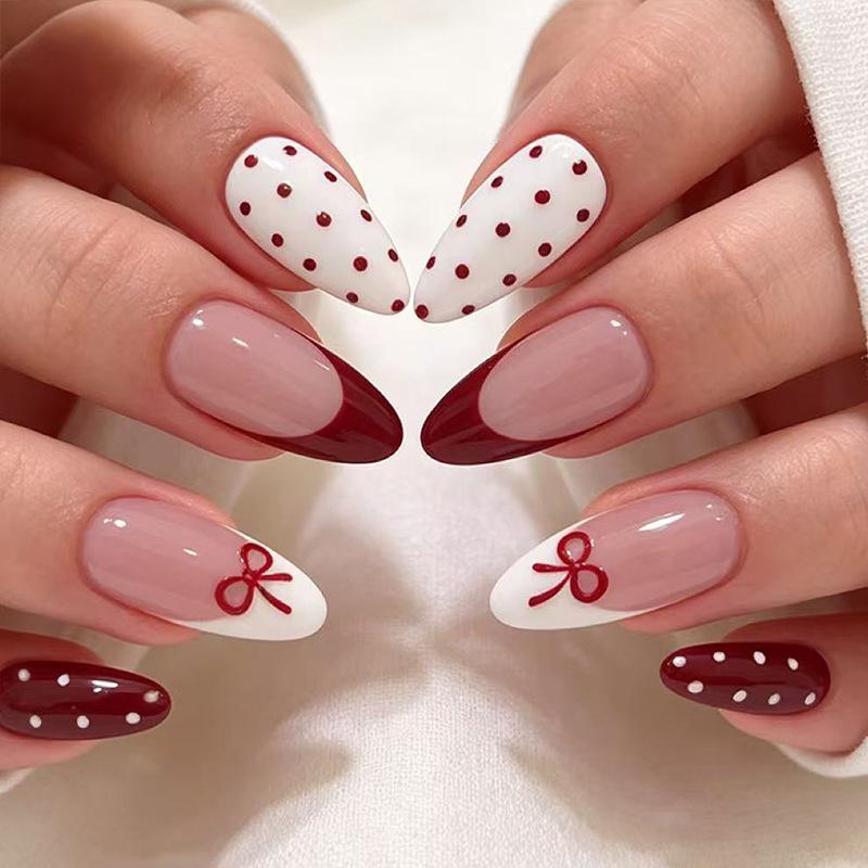 Nail art, French polka dot bow girl style long almond-shaped nail wear