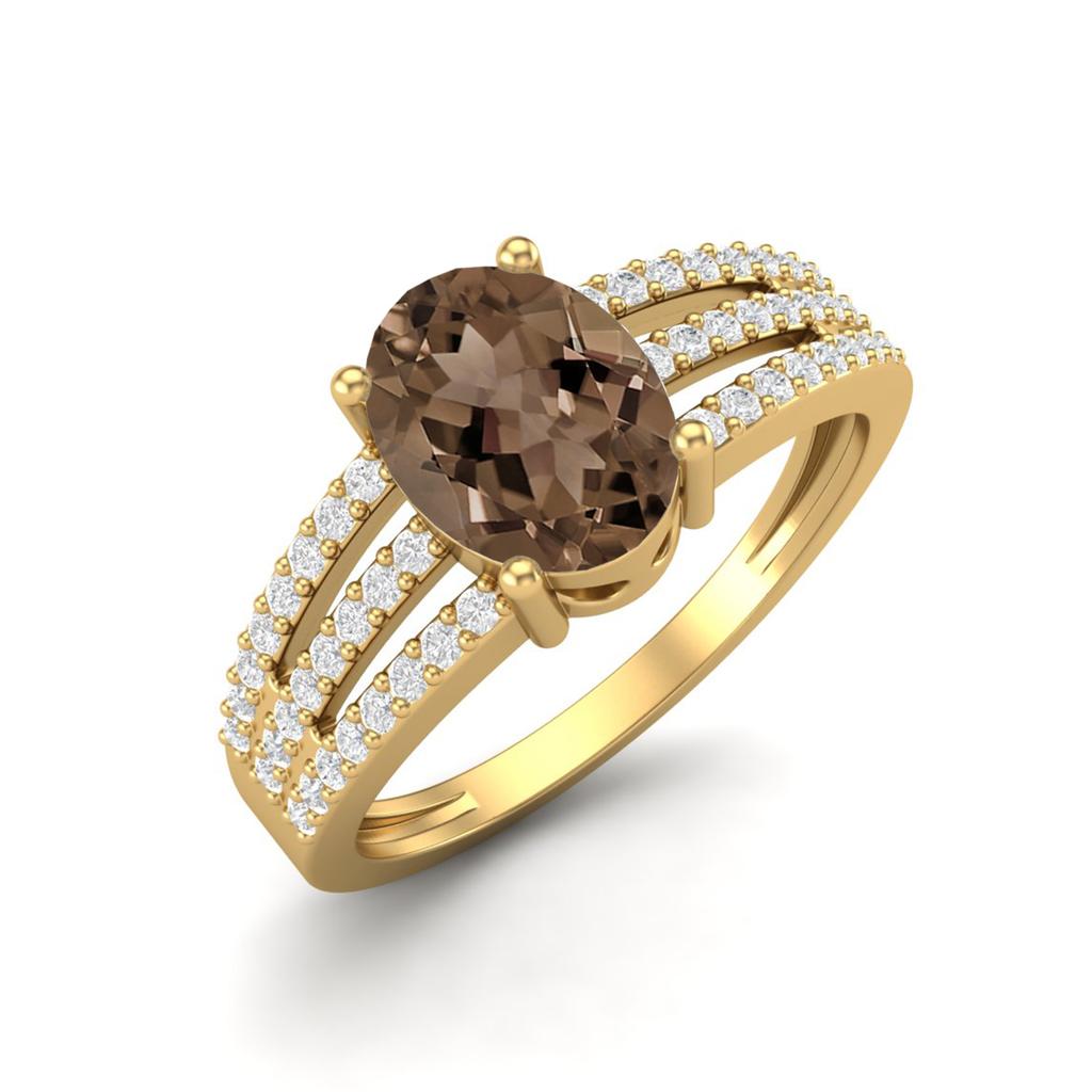 1.79 Ctw Oval Smoky Quartz 925 Sterling Silver Gold Vermeil Split Shank Women Engagement Ring