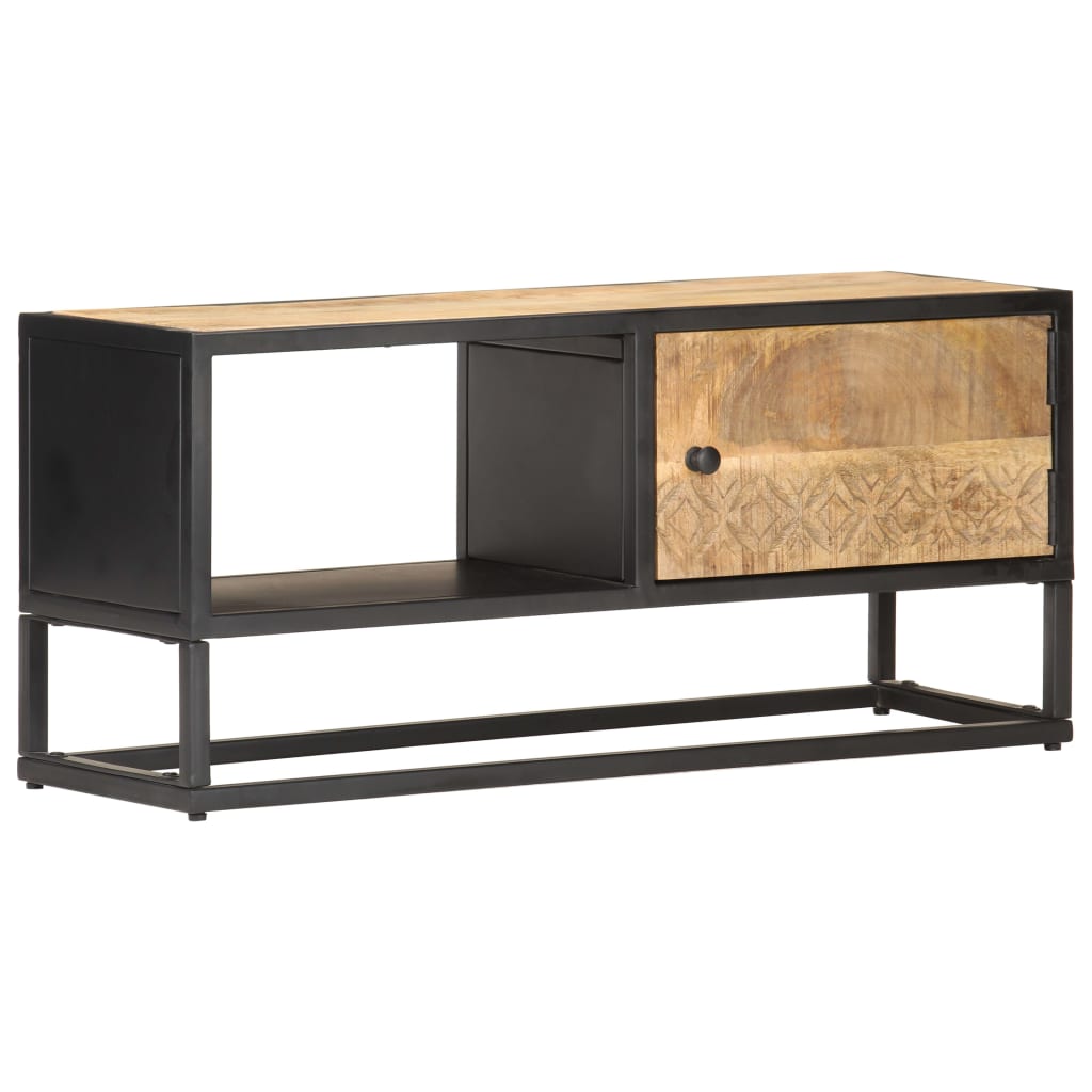 TV Stand with Carved Door 90 X 30 X 40 Cm Rough Mango Wood
