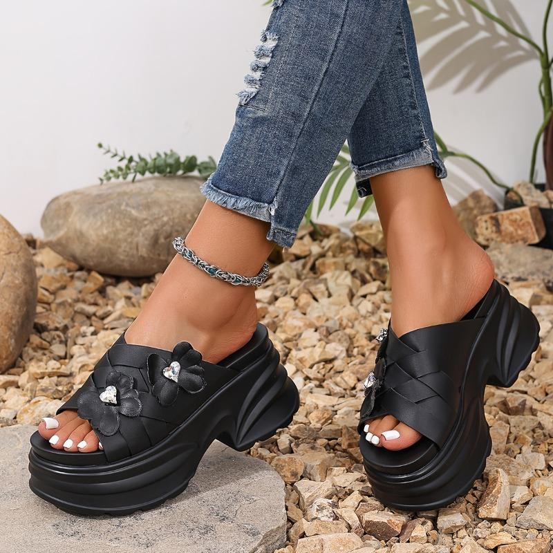 Women's Stylish White Platform Sandals with Transparent Flower Design - Open-Toe Summer Slippers with Thick Sole for Comfort and Height Enhancement