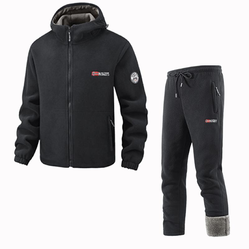 Winter Sportkleding Set Heren Retro Training Dikke Fleece Jas + Broek Tweedelige Set Casual Ski Hardlopen Trainingspak Pak