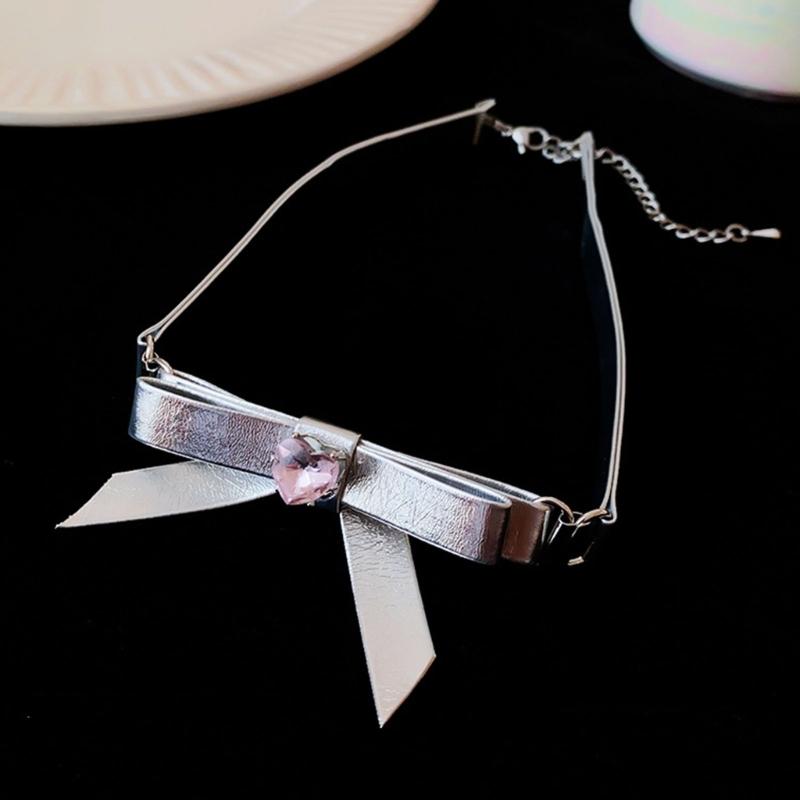 Bowknot Heart Leathers Rope O Style Choker DIY Diamonds Loves Pendant Necklace for Women Punk Aesthetic Y2K Necklace